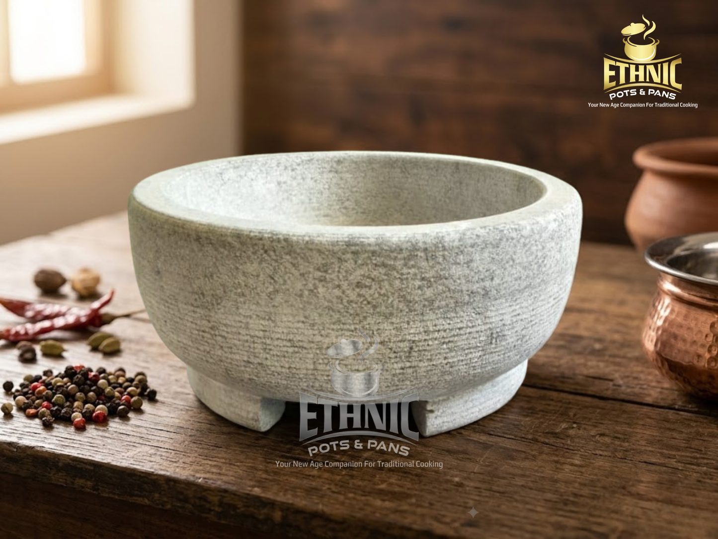 Soapstone Mortar & Pestle (Kalvam) - Round Model