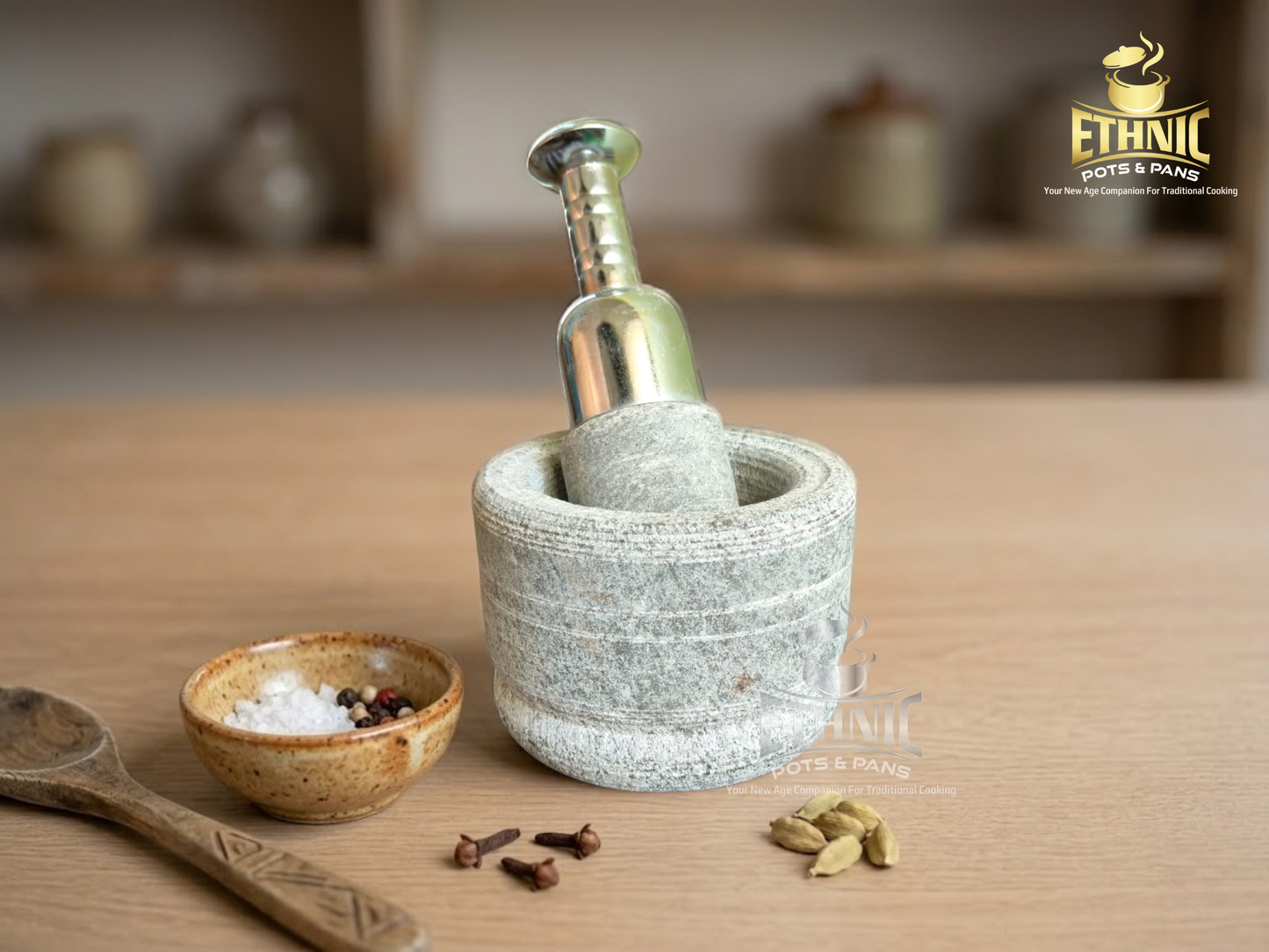 Soapstone Mortar & Pestle (Kalvam) with Trendy Handle