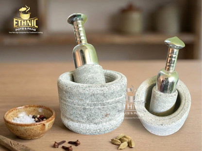 Soapstone Mortar & Pestle (Kalvam) with Trendy Handle